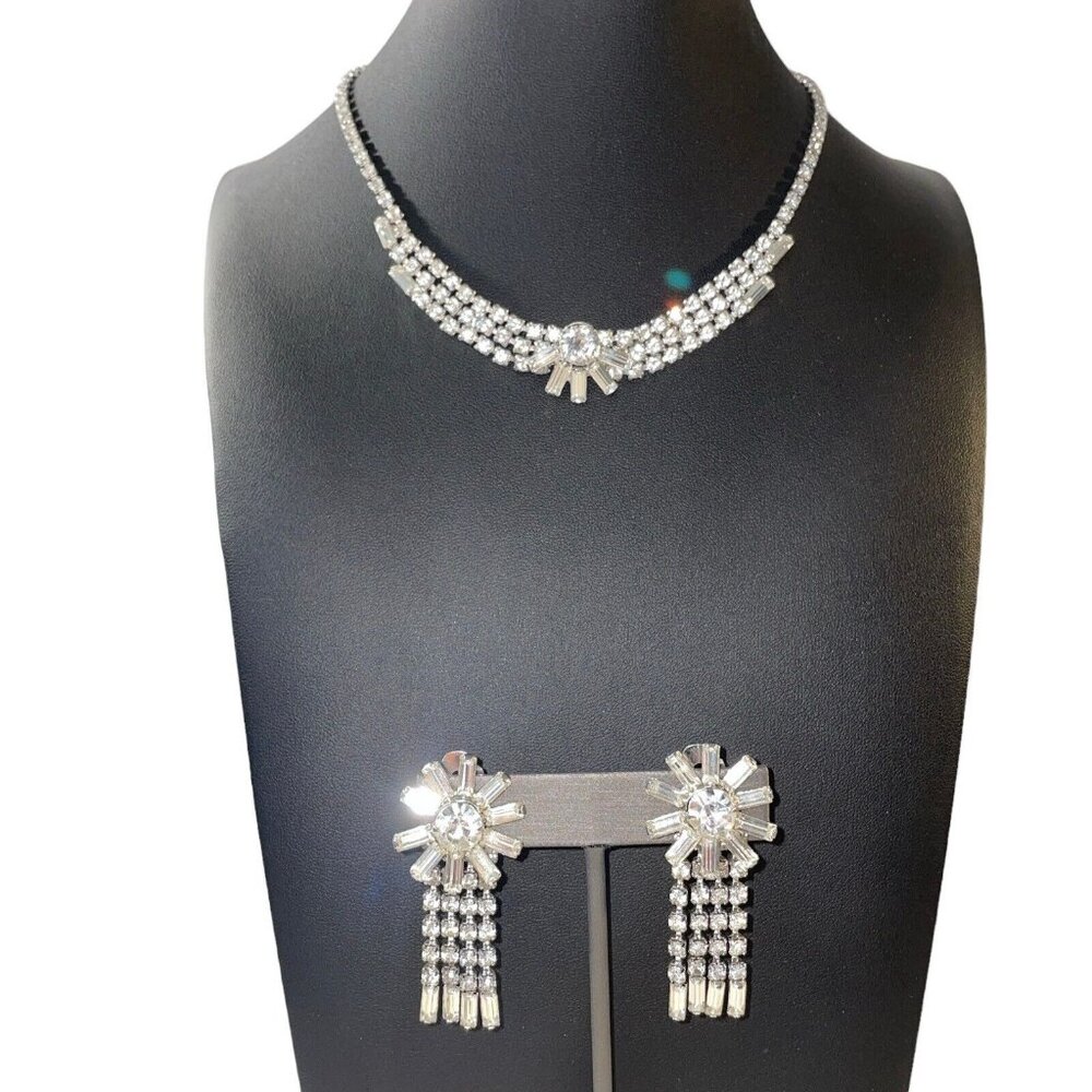 VTG Baguette Ice Clear Rhinestone Choker Necklace & Clip Earring Set Silver Tone